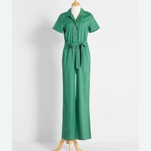Modcloth Green Short-Sleeve Button-Front Jumpsuit with Tie Waist